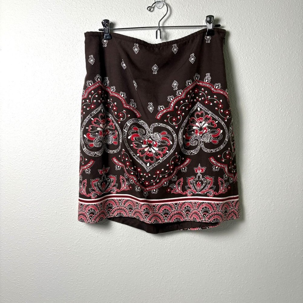 Ann Taylor Loft‎ A Line Skirt Size 10 Brown Red Bandana Print Lined Silk Blend